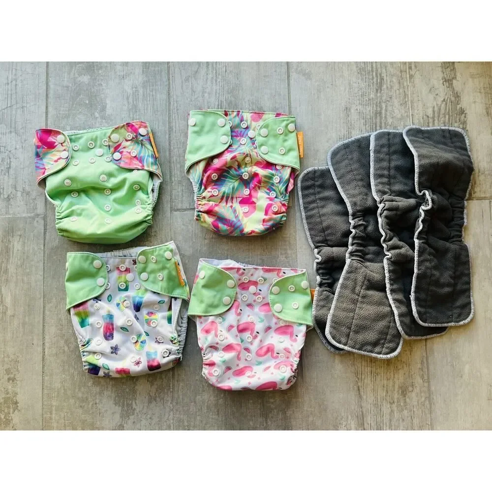 Lot Set Of 4 HAPPY FLUTE Reusable Washable Cloth Cover w/ Bamboo Charcoal Liners